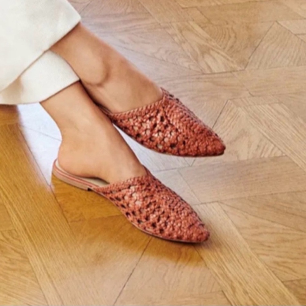 42 GOLD Tan Leather
Charmed Woven Mules.  (Shoe 17)